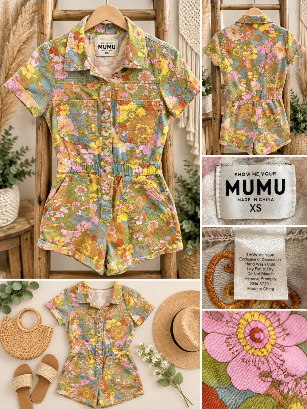 Show Me Your Mumu Floral Button-Front Shorts Romper in Pink Green Yellow Suze XS